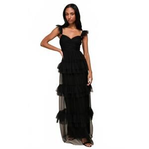 Lulus Black Tiered Tulle Evening Dress with Ruffled Straps Size XS